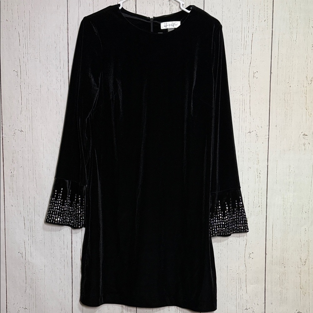 Harper Rose Black Velvet Beaded Bell Sleeve Knee Length Dress Size 10